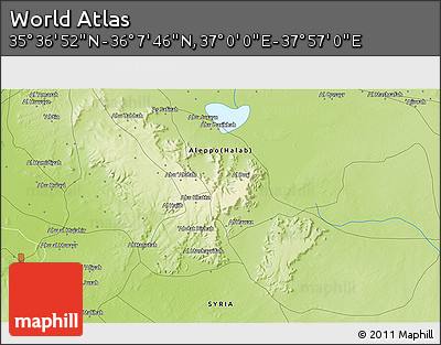 Physical 3D Map of the Area around 35° 52' 19" N, 37° 28' 30" E