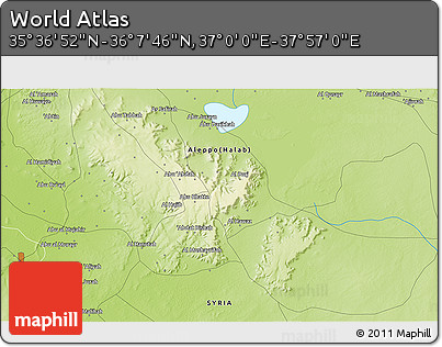 Physical 3D Map of the Area around 35° 52' 19" N, 37° 28' 30" E