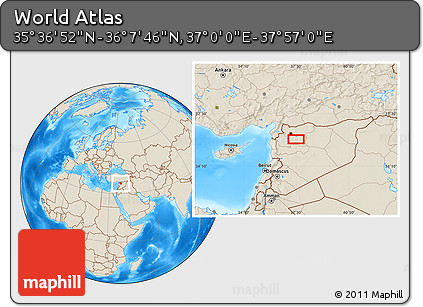 Shaded Relief Location Map of the Area around 35° 52' 19" N, 37° 28' 30" E