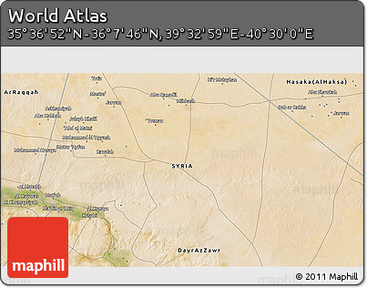 Satellite 3D Map of the Area around 35° 52' 19" N, 40° 1' 29" E