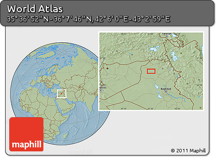 Savanna Style Location Map of the Area around 35° 52' 19" N, 42° 34' 30" E, hill shading