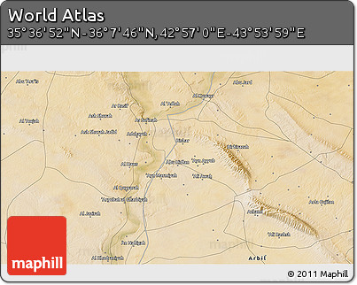 Satellite 3D Map of the Area around 35° 52' 19" N, 43° 25' 29" E