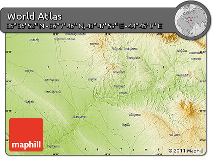 Physical Map of the Area around 35° 52' 19" N, 44° 16' 29" E