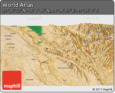 Satellite 3D Map of the Area around 35° 52' 19" N, 45° 7' 30" E