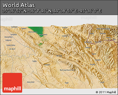 Satellite 3D Map of the Area around 35° 52' 19" N, 45° 7' 30" E