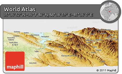Physical Panoramic Map of the Area around 35° 52' 19" N, 45° 7' 30" E
