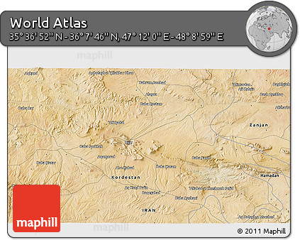 Satellite 3D Map of the Area around 35° 52' 19" N, 47° 40' 29" E