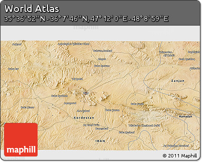Satellite 3D Map of the Area around 35° 52' 19" N, 47° 40' 29" E