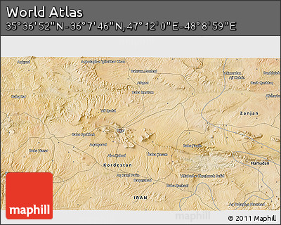 Satellite 3D Map of the Area around 35° 52' 19" N, 47° 40' 29" E