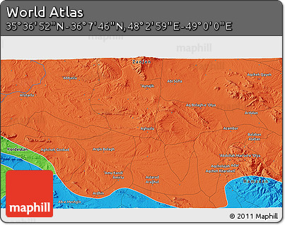 Political 3D Map of the Area around 35° 52' 19" N, 48° 31' 29" E