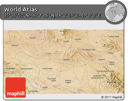 Satellite 3D Map of the Area around 35° 52' 19" N, 48° 31' 29" E