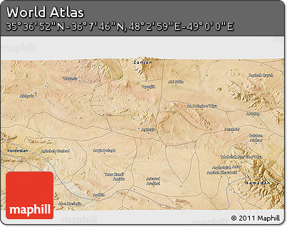 Satellite 3D Map of the Area around 35° 52' 19" N, 48° 31' 29" E
