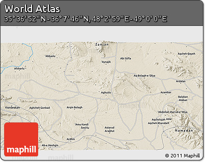 Shaded Relief 3D Map of the Area around 35° 52' 19" N, 48° 31' 29" E