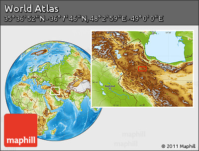 Physical Location Map of the Area around 35° 52' 19" N, 48° 31' 29" E