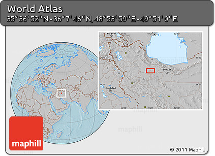 Gray Location Map of the Area around 35° 52' 19" N, 49° 22' 30" E, hill shading