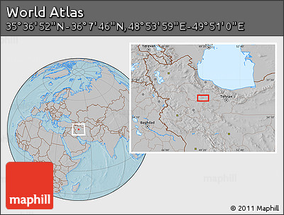 Gray Location Map of the Area around 35° 52' 19" N, 49° 22' 30" E, hill shading