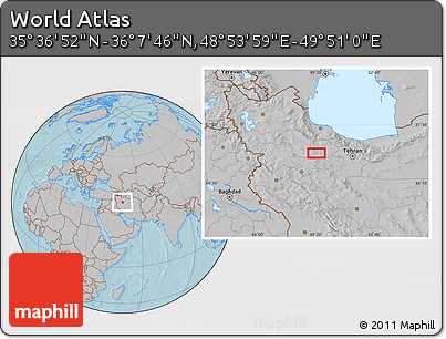 Gray Location Map of the Area around 35° 52' 19" N, 49° 22' 30" E, hill shading