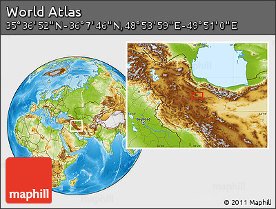 Physical Location Map of the Area around 35° 52' 19" N, 49° 22' 30" E