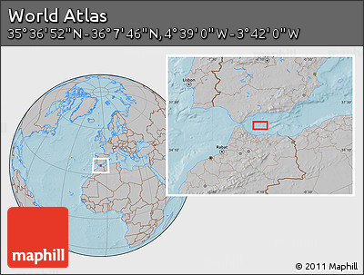 Gray Location Map of the Area around 35° 52' 19" N, 4° 10' 30" W, hill shading