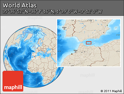 Shaded Relief Location Map of the Area around 35° 52' 19" N, 4° 10' 30" W