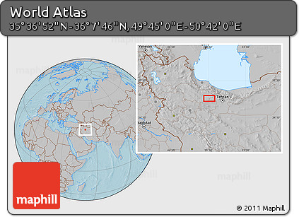Gray Location Map of the Area around 35° 52' 19" N, 50° 13' 30" E, hill shading