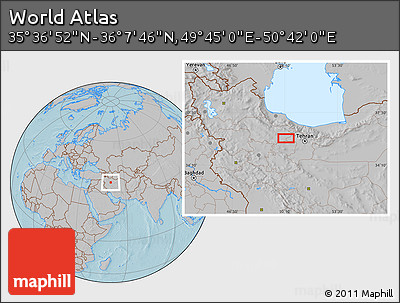 Gray Location Map of the Area around 35° 52' 19" N, 50° 13' 30" E, hill shading