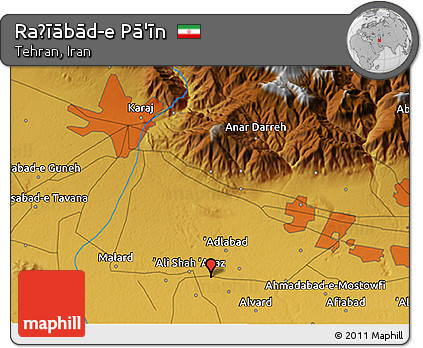 Physical 3D Map of Raẕīābād-e Pā'īn
