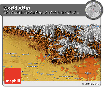Physical 3D Map of the Area around 35° 52' 19" N, 51° 4' 30" E