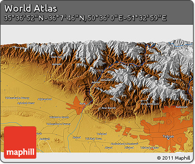Physical 3D Map of the Area around 35° 52' 19" N, 51° 4' 30" E