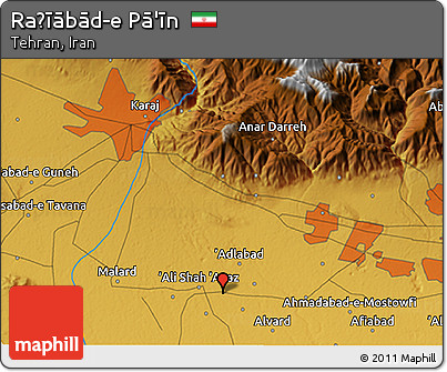 Physical 3D Map of Raẕīābād-e Pā'īn