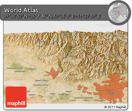 Satellite 3D Map of the Area around 35° 52' 19" N, 51° 4' 30" E