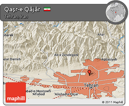 Shaded Relief Panoramic Map of Qaşr-e Qājār