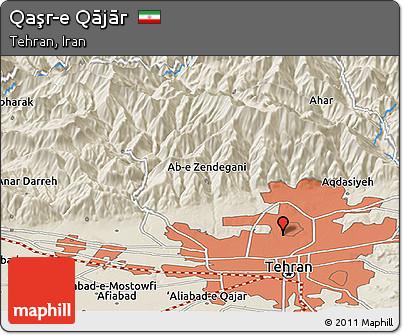 Shaded Relief Panoramic Map of Qaşr-e Qājār