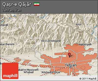 Shaded Relief Panoramic Map of Qaşr-e Qājār