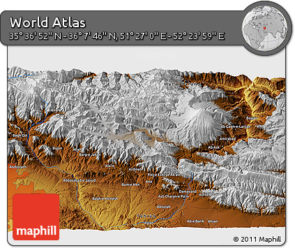Physical 3D Map of the Area around 35° 52' 19" N, 51° 55' 29" E