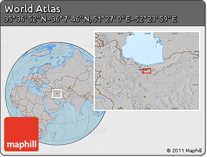 Gray Location Map of the Area around 35° 52' 19" N, 51° 55' 29" E, hill shading
