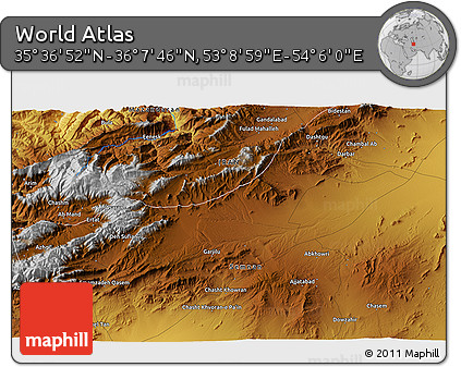 Physical 3D Map of the Area around 35° 52' 19" N, 53° 37' 30" E