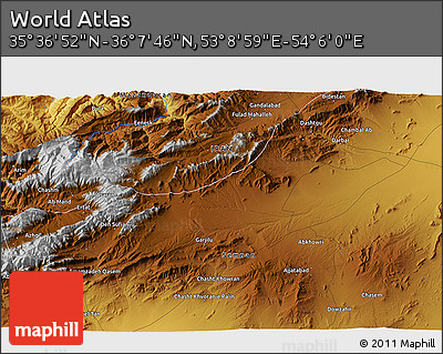 Physical 3D Map of the Area around 35° 52' 19" N, 53° 37' 30" E