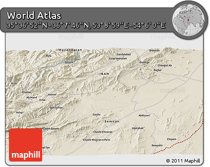 Shaded Relief 3D Map of the Area around 35° 52' 19" N, 53° 37' 30" E