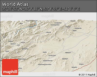 Shaded Relief 3D Map of the Area around 35° 52' 19" N, 53° 37' 30" E