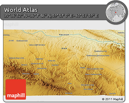 Physical 3D Map of the Area around 35° 52' 19" N, 60° 25' 29" E