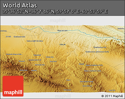 Physical 3D Map of the Area around 35° 52' 19" N, 60° 25' 29" E
