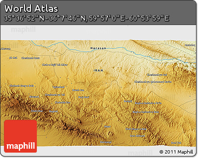 Physical 3D Map of the Area around 35° 52' 19" N, 60° 25' 29" E