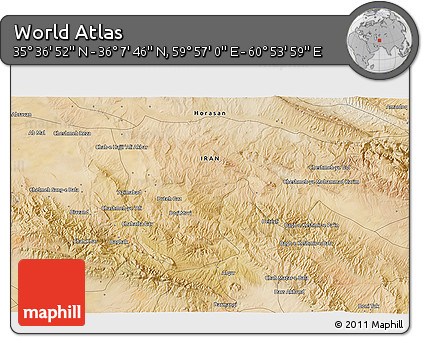 Satellite 3D Map of the Area around 35° 52' 19" N, 60° 25' 29" E