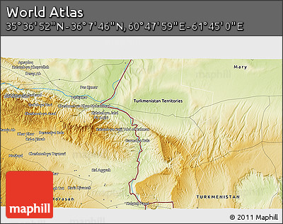 Physical 3D Map of the Area around 35° 52' 19" N, 61° 16' 29" E