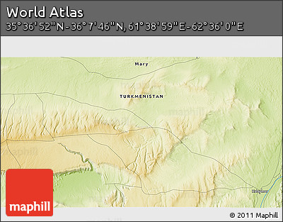 Physical 3D Map of the Area around 35° 52' 19" N, 62° 7' 30" E