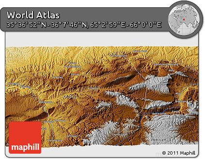 Physical 3D Map of the Area around 35° 52' 19" N, 65° 31' 30" E