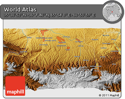 Physical 3D Map of the Area around 35° 52' 19" N, 66° 22' 30" E