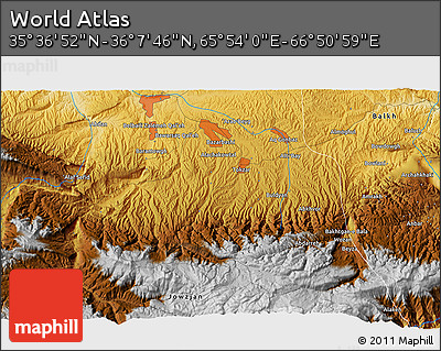 Physical 3D Map of the Area around 35° 52' 19" N, 66° 22' 30" E