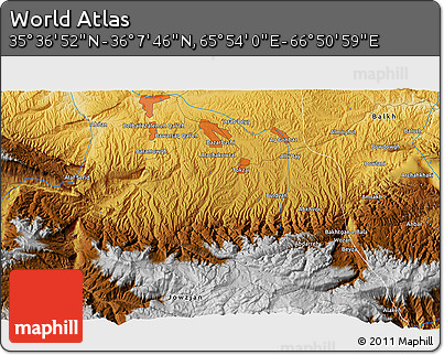 Physical 3D Map of the Area around 35° 52' 19" N, 66° 22' 30" E